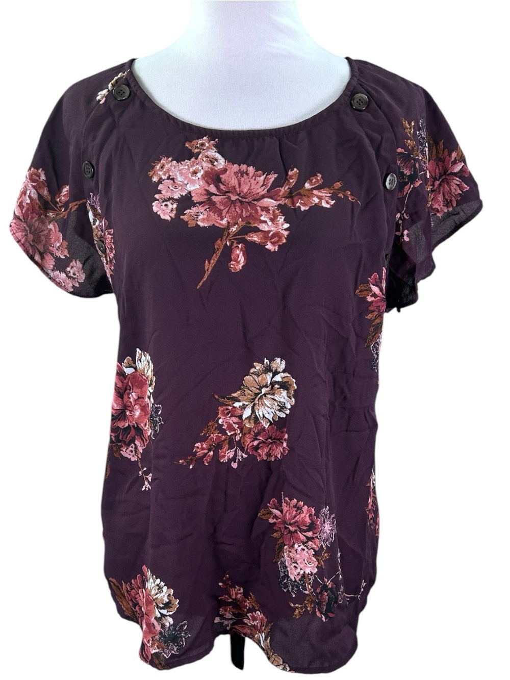 Maurices Floral Chiffon Blouse Women’s L Plum Burgundy Flutter Sleeve Boho